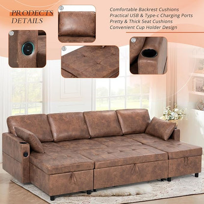 110 inches Suede Leather Sleeper Sofa w/Pull Out Bed, U-Shape Sectional Sofa Bed w/Adjustable Backrest and Storage Chaises, 4-Seats Upholstered Sofa Bed w/USB Port for Living Room, Brown