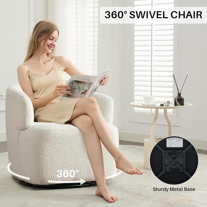 SOFTHION Swivel Accent Chair, Sherpa Teddy Barrel Chair for Living Room, Cozy Round Boucle Arm Chair, Metal Base for Club Nursery Bedroom, White