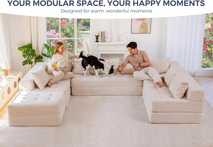 MAXYOYO Modular Sectional Sofa Couch, Foldable Oversized U Shaped Cloud Couch with Pillows, Tufted Boneless Lounger Floor Sofa Bed for Living Room, No Assembly Required, Beige