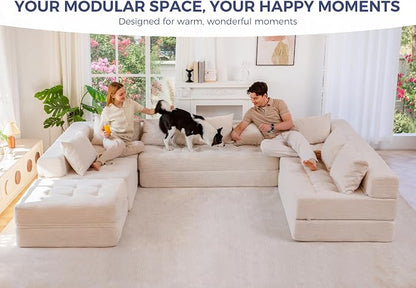 MAXYOYO Modular Sectional Sofa Couch, Foldable Oversized U Shaped Cloud Couch with Pillows, Tufted Boneless Lounger Floor Sofa Bed for Living Room, No Assembly Required, Beige