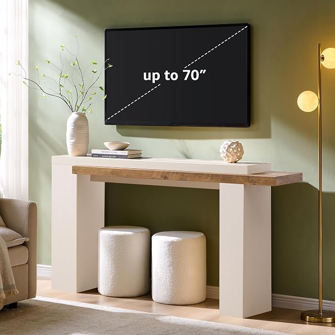OKD 63 Inch Modern Entryway Console Table, Solid Geometry Accent Sofa Table Behind The Couch, Narrow Console Table for Entryway, Hallway, Living Room, Foyer, Antique White