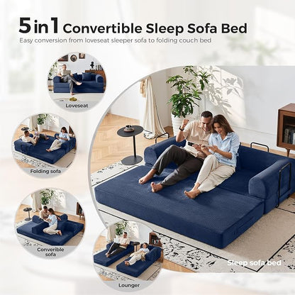 79" 5-in-1 Convertible Sofa Bed No Assembly, Boneless Couch Bed with High Density Foam, Foldable Sleeper Sofa, Corduroy Modular Couch for Apartment, Studio, Dorm Room, Small Space, Navy Blue