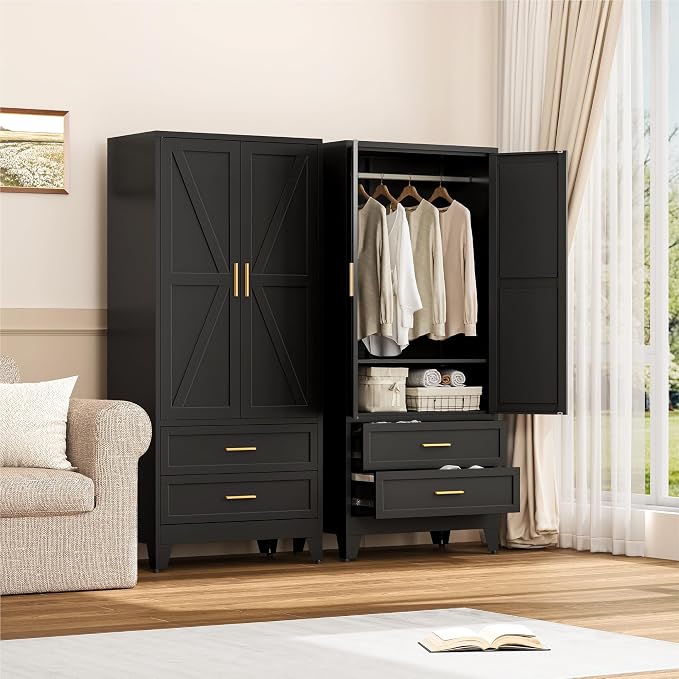 YAUWOH Farmhouse Wardrobe Cabinet with 2 Drawers,Metal Wardrobe Closet with Hanging Rod,Metal Armoire with Adjustable Shelves for Bedroom, Cloak Room,Office (Blakc)