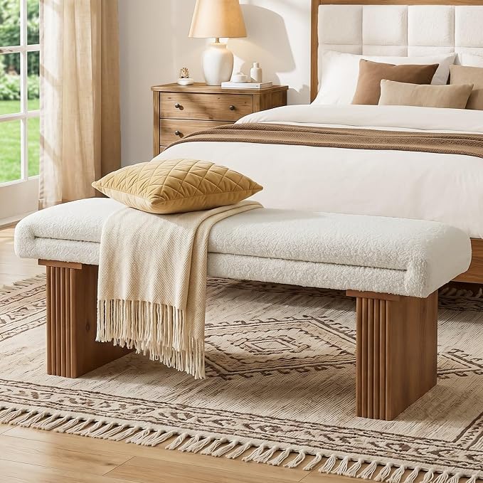 Solid Wood Entryway Bench, 47" Farmhouse End of Bed Bench, Ottoman Indoor Bench with Cushion, Upholstered Window Bench for Entryway, Living Room, White & Brown