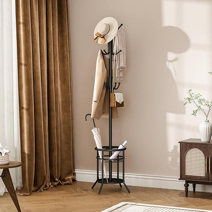 ELYKEN Coat Rack Freestanding, Metal Coat Rack with Umbrella Holder | 12 Hooks, Round Base, Heavy Duty Floor Standing Coat Tree for Entryway, Hallway, Living Room, Bedroom, Office, Black