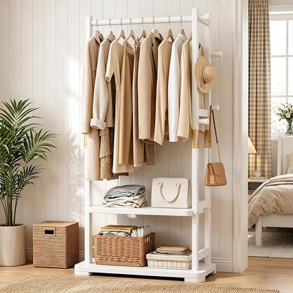 Solid Wood Clothes Rack with 2 Shelves & 4 Hooks for Hanging Clothes Garment Wallets Hats, White Clothing Rack Heavy Duty Coat Rack Freestanding with Storage Hall Tree for Hallway Bedroom Living Room