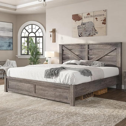 AMERLIFE King Size Bed Frame with 49.2" Barn Door Headboard and Footboard, Farmhouse Platform Bed Frame with Wood Slats, No Box Spring Needed, Under Bed Storage, Rustic Gray