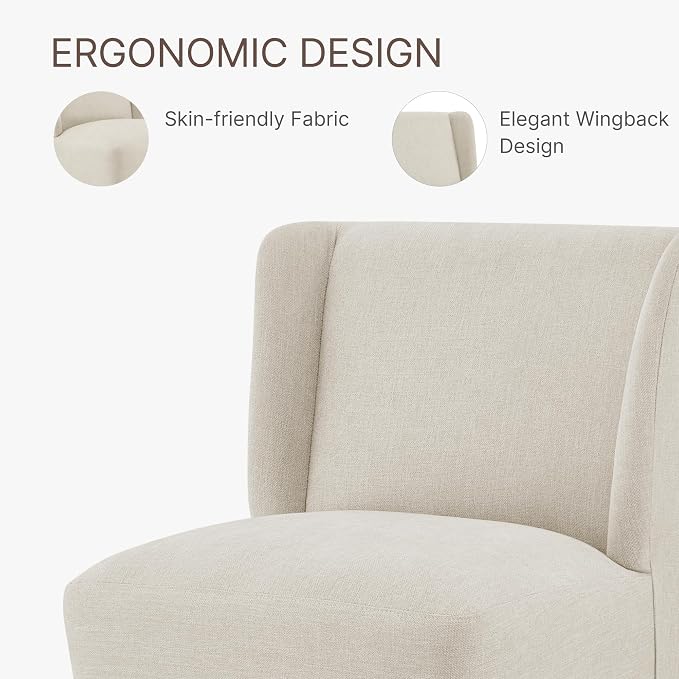 KISLOT Upholstered Dining Chairs Set of 2 with Casters, Wingback Modern Side Armless Deskchair with Rollers for Diningroom Bedroom Livingroom Reading Room, Cream Beige Fabric