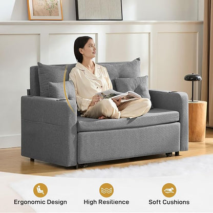 Busaurus Convertible Sleeper Sofa Bed, 56" Full Size Loveseat Sleeper Sofa, Comfy Pull Out Couch Bed with 4 Pillows, Pocket, USB, Small Couches for Small Spaces, Living Room, Bedroom, Apartment, Grey