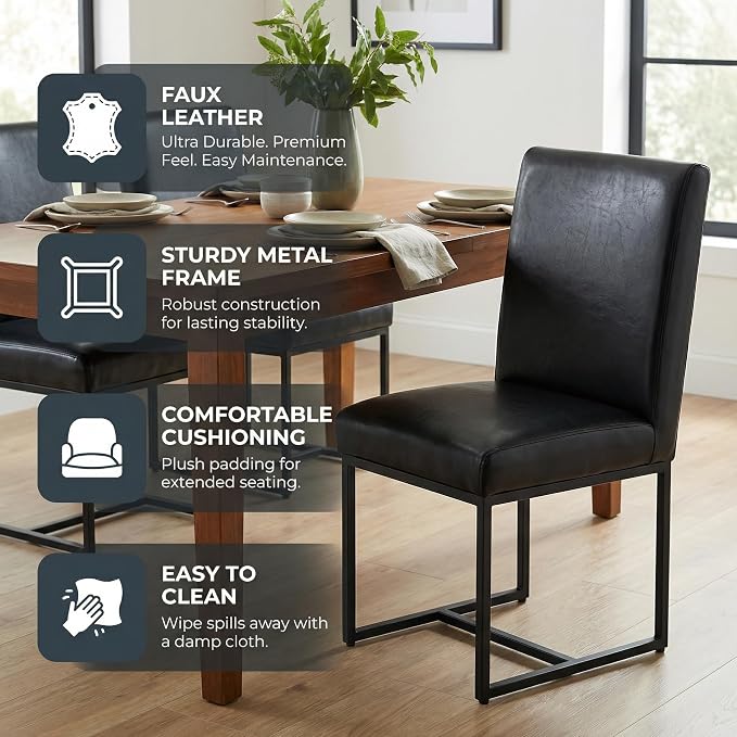 VESCASA Faux Leather Upholstered Dining Chairs with Black Metal Frame, Mid Century Modern Padded Kitchen Chair with Adjustable Foot Pads for Restaurant, Dining Room, Set of 4, Black