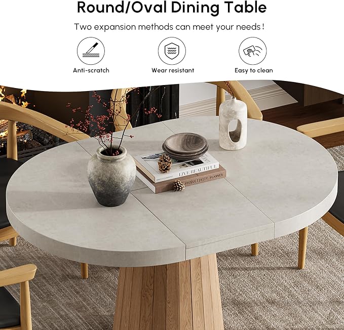 homary Extendable Dining Table for 6 Round to Oval 39"-55", Solid Wood Kitchen Table for 4-6 People, Space-Saving Design for Small Spaces & Family Gatherings