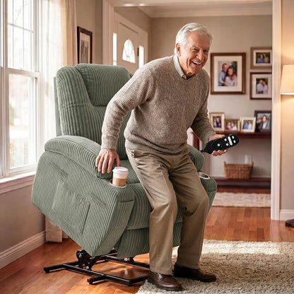 Flamaker Power Lift Chair Massage Recliner Chairs for Elderly, Corduroy Ergonomic Design with Cup Holders & Side Pockets, Remote Control (Green)