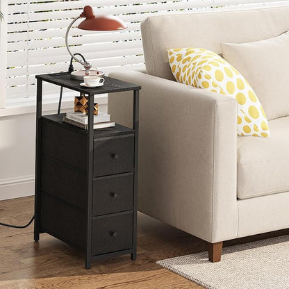 TUTOTAK Narrow Night Stand with Charging Station, Slim End Table with Plugins, Tall Side Table with 3 Fabric Drawer, Small Bedside Table with Storage, Living Room, Bedroom, Black TB01BK086