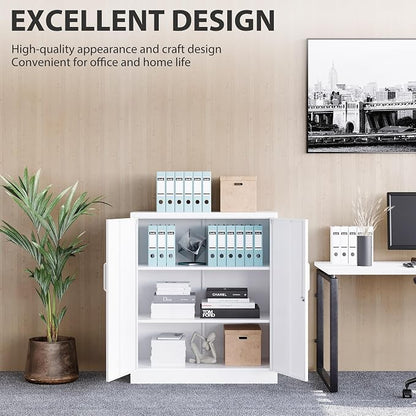 SISESOL White Metal Storage Cabinet with Doors and Shelves,36 inch Small Metal Cabinet with Lock,Short Garage Storage Cabinets,Locking Steel Cupboard for Home,Office,Kitchen,Garages