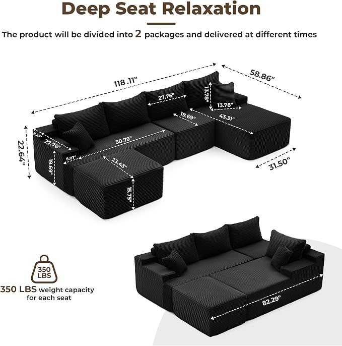 Mangodan 118'' Cloud Sectional Couch, U Shaped Boneless Couches for Living Room, Modular Sectional Sofa with Deep Seat Right Facing Chaise, Comfy Cloud Couch Sofa, Black