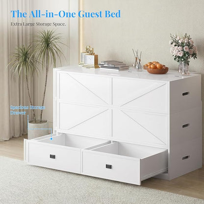 PUREMIND Murphy Bed Queen with Mattress Included, Wood Cabinet Bed with Dual Storage Drawers & 2 Pillows, 3-in-1 Convertible Sofa Beds for Small Space, Guest Room, Home Office, White