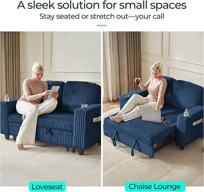 LINSY HOME 56" Sectional Modular Sectional Couch with Pull Out Bed, Loveseat Sleeper Sofa, Corduroy Convertible Sofa Bed, Cup Holder|USB Charging|Side Pocket, Living Room, Bedroom, Apartment, Blue