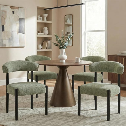 VKNOW Wooden Dining Chairs Set of 4 with Black Rubberwood Legs, Green | Soft Chenille Fabric, Curved Open Back, Thickened Cushion, For Adults and Family, Dining Room, Kitchen, No Wobble