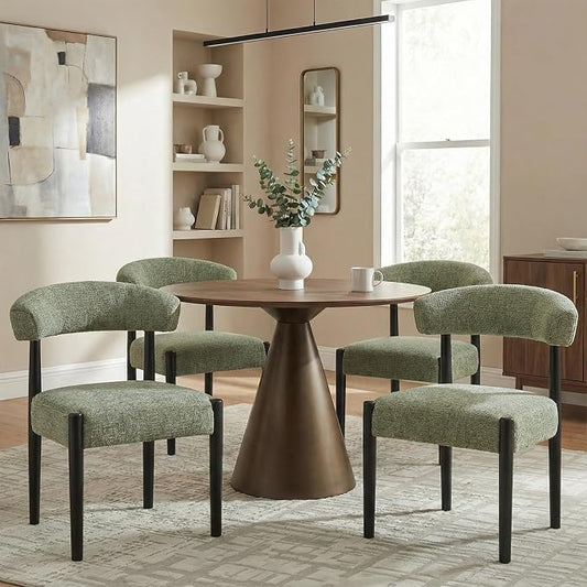 VKNOW Wooden Dining Chairs Set of 4 with Black Rubberwood Legs, Green | Soft Chenille Fabric, Curved Open Back, Thickened Cushion, For Adults and Family, Dining Room, Kitchen, No Wobble