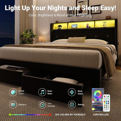 Allewie King Bed Frame with 2-Tier Storage Headboard, Charging Station & LED Lights, Velvet Upholstered Platform Bed with 2 Drawers, Wingback Headboard, Gold Button Tufted, No Box Spring Needed, Black
