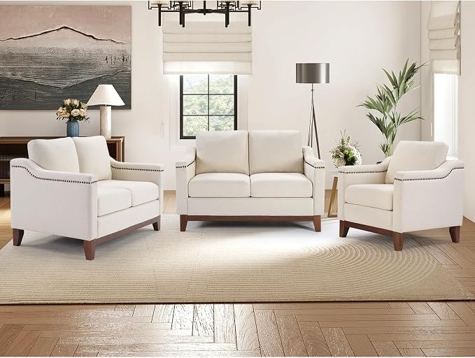 HAOMARKETS Modern 3 Piece Sofa Set with Rivets, Included Fabric Accent Chair, and Upholstered Loveseat 2-Seater Couches Set of 2 with Solid Wood Legs, Living Room Furniture Set,Beige