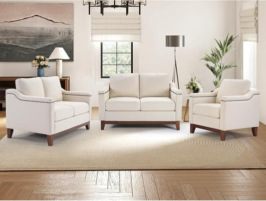 HAOMARKETS Modern 3 Piece Sofa Set with Rivets, Included Fabric Accent Chair, and Upholstered Loveseat 2-Seater Couches Set of 2 with Solid Wood Legs, Living Room Furniture Set,Beige