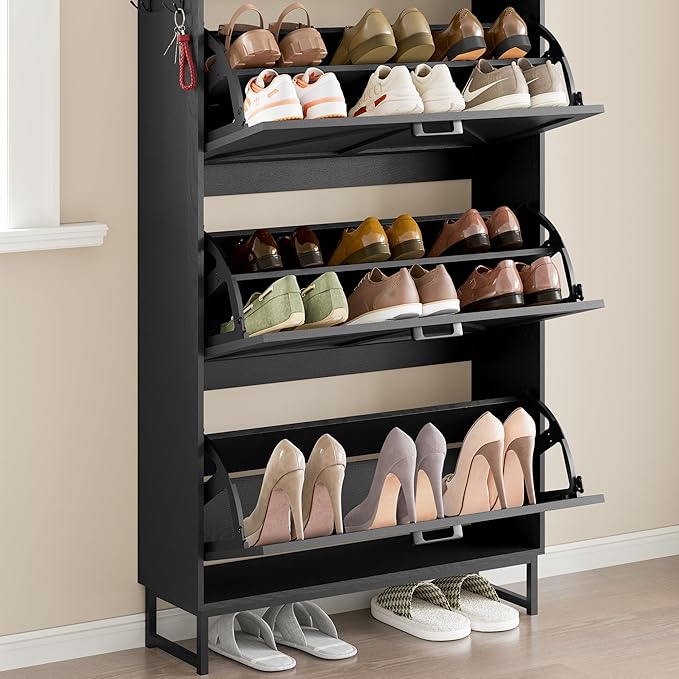 BORNOON Shoe Cabinet with 3 Flip Drawers Narrow Shoe Storage Cabinet Organizer Wooden Freestanding Shoe Rack Hidden Slim Shoes Storage Cabinet for Entryway, Hallway, Living Room, Bedroom