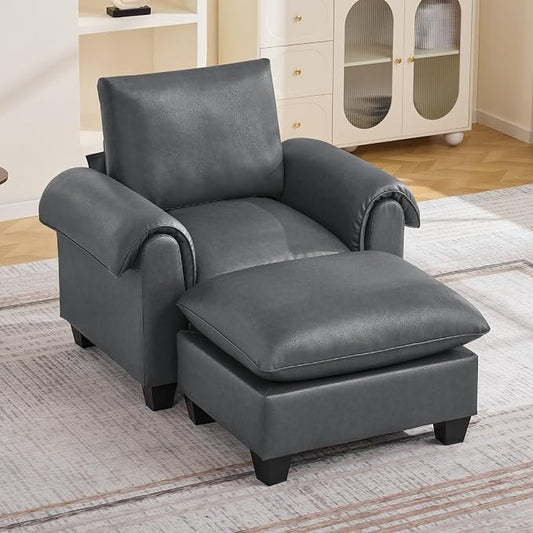 44.5" Faux Leather Single Sofa with Movable Ottoman, Oversized Accent Chair with Curved Armrests, Cloud Modern Sofa Upholstered Reading Lounge Armchair for Living Room, Bedroom，Grey