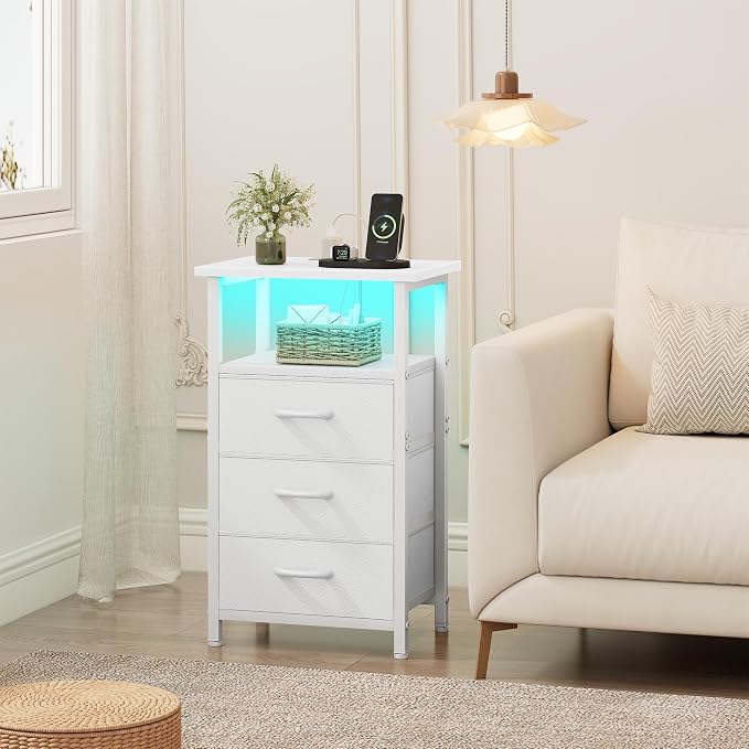 Vagusicc Night Stand with Charging Station, LED Nightstand for Bedroom, White Bedside Table with 3 Fabric Drawers, End Table Side Table with USB Ports and Outlets, Bed Side Table for Bedroom, White