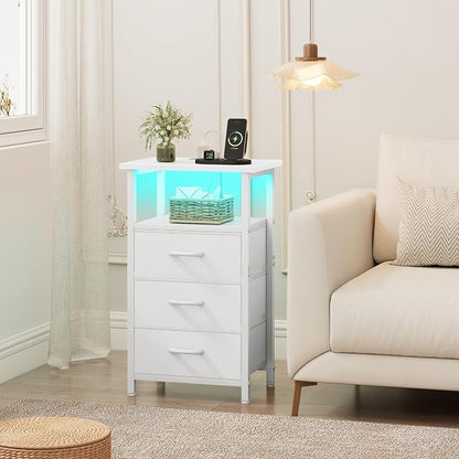 Vagusicc Night Stand with Charging Station, LED Nightstand for Bedroom, White Bedside Table with 3 Fabric Drawers, End Table Side Table with USB Ports and Outlets, Bed Side Table for Bedroom, White