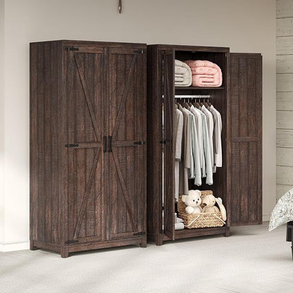 LUXOAK 70" Large Armoire Wardrobe Closet with Hanging Rod, Farmhouse Clothing Storage Cabinet with 2 Barn Doors, Wooden Tall Bedroom Armoires with Shelf, Espresso