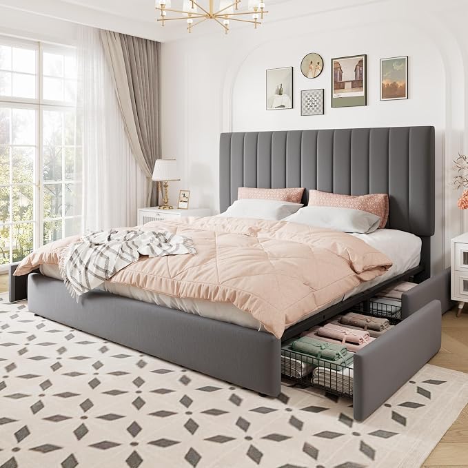 Allewie King Size Storage Bed Frame, Vertical Channel Tufted Adjustable Headboard, Velvet Upholstered Platform Bed with 4 Oversized Underbed Drawers, Wooden Slats Support, No Box Spring Needed, Grey