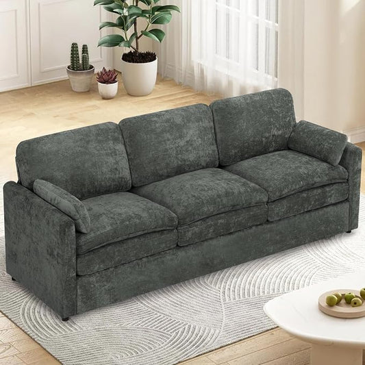 89” Chenille Sofa w/Arm Pillows, Upholstered 3-Seater Sofa w/Comfortable Back Cushions, Modern 3 Seats Couch w/High-Density Foam for Living Room, Apartment, Office, Grey
