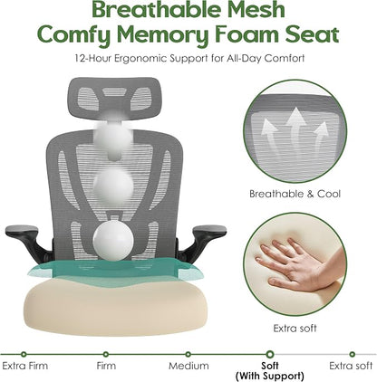 Office Chair Ergonomic Desk Chair - Mesh High Back Office Chair with Headrests Wheels Lumbar Support Home Desk Office Chairs Flip up Armrest Executive Rolling Computer Chair Black Gray 4 Pack