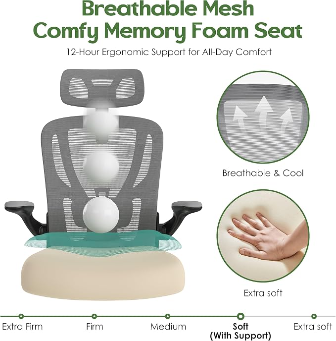 Office Chair Ergonomic Desk Chair - Mesh High Back Office Chair with Headrests Wheels Lumbar Support Home Desk Office Chairs Flip up Armrest Executive Rolling Computer Chair Black Gray 2 Pack