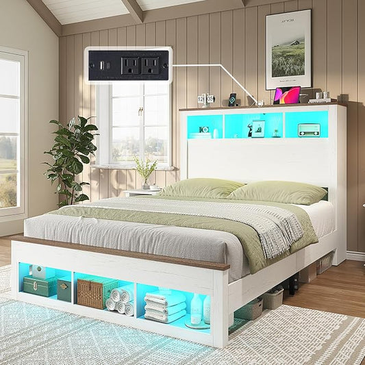 AMERLIFE 3-piece Farmhouse Bedroom Furniture Set, Includes 1 Queen LED Platform Bed Frame with Bookcase Storage Headboard & Charging Station, and 2 Nightstands with Drawers, Distressed White