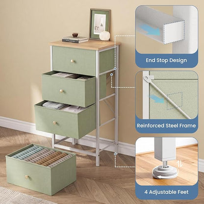 DUMOS Nightstand with 4 Drawers Bedside Table with Removable Fabric Bins Sturdy Steel Frame Wood Top Organizer Furniture for Bedroom Closet Living Room, Light Green