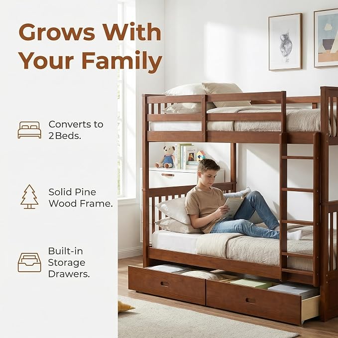 Merax Twin-Over-Twin Bunk Bed with Two Storage Drawers, Solid Wood Twin Size Bunk Bed with Guardrial and Removble Ladder, Can be Converted Into 2 Separate Beds, Walnut