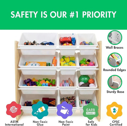 Humble Crew Toy Storage Organizer with 12 Removable Storage Bins for Kids Playroom, 4-Tier Toddler Toy Organization, Natural/White