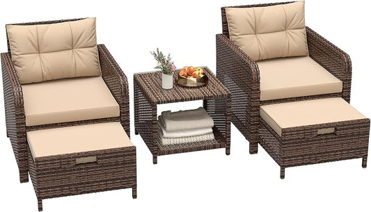 LHBcraft 5 Piece Outdoor Furniture Set, PE Rattan Balcony Furniture with Soft Cushions, Patio Set 2 Ottoman & Table for Porch, Lawn, Garden, Brown