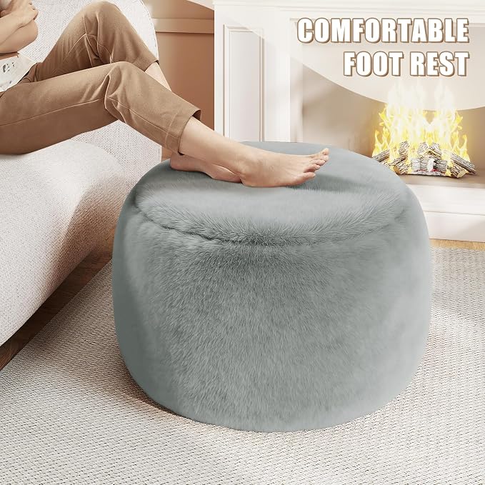 Gericco Round Pouf Ottoman Foot Rest, 29 X 18Inch Floor Poufs Footstool, A Round Modern Foam Filled Foot Stool for Living Room, Home, Nursery, Dorm (Grey, 29Inch)