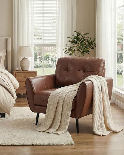 TYBOATLE Accent Chair, Comfy Modern Living Room Brown Leather Reading Accent Chairs Tufted Mid Century Arm Chair Small Salon Chair for Office Bedroom(1, Brown)