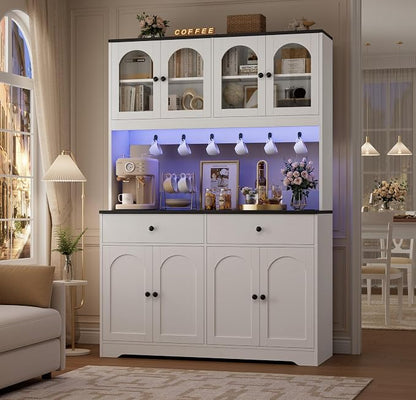 HIFIT 71" LED Kitchen Pantry Cabinet with Power Outlet, Large Kitchen Hutch Cabinet with 2 Storage Drawers & Arched Door, Countertop & Hooks, Tall China Bar for Dining Living Room (White + Black)