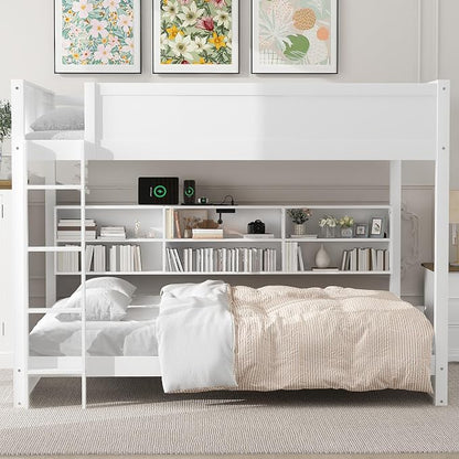 Queen Over Queen Bunk Bed with Built-in Shelves and USB Ports, Solid Wood Bunk Bed Frame with Safety Guardrail, for Kids Boys Girls Bedroom, No Box Spring Needed (White)