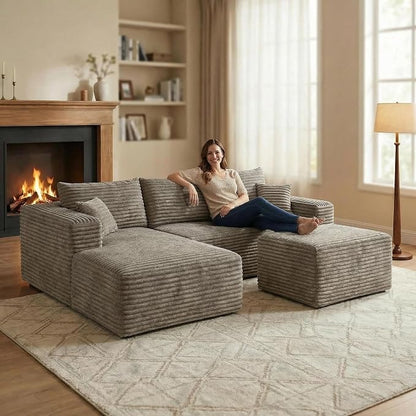 JINGLING 25.6 Inch Plush Corduroy Ottoman, Modular Sectional Foot Rest for Living Room, Upholstered Cloud Ottoman for Boneless Couch in a Box, Compressed Memory Foam, No Assembly Require, Camel