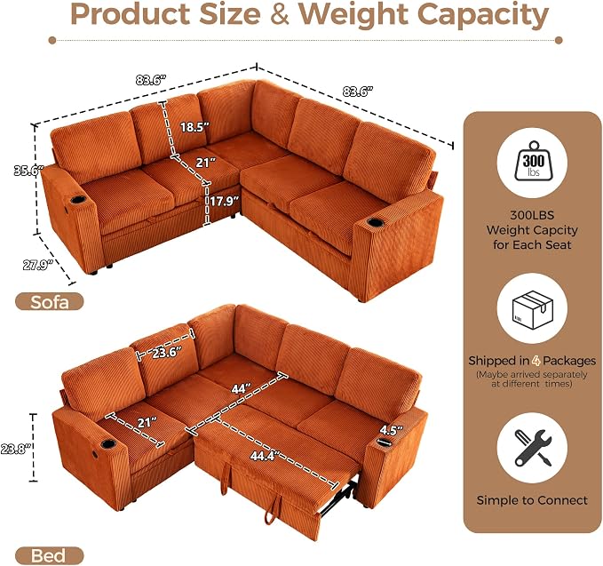 Sectional Sleeper Sofa with Pull Out Bed, Plush Corduroy L Shaped Corner Couch with Storage, USB Ports, Cup Holders, Comfy Sectional Couches for Living Room, Orange
