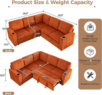 Sectional Sleeper Sofa with Pull Out Bed, Plush Corduroy L Shaped Corner Couch with Storage, USB Ports, Cup Holders, Comfy Sectional Couches for Living Room, Orange