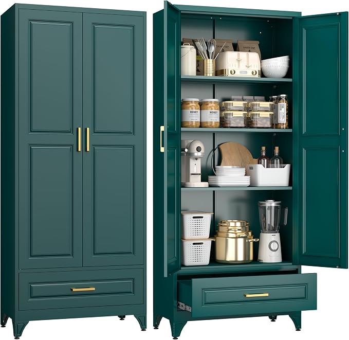 UNICOLY 75" Kitchen Pantry Cabinet with Drawer, Tall Storage Cabinet with Doors and 4 Shelves, Metal Storage Cabinets for Kitchens, Living Room, Dinning Room, Assembly Required, Green