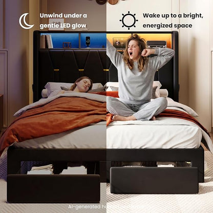 SHA CERLIN Full Velvet Platform Bed Frame with 2 Storage Drawers, LED Storage Headboard with Charging Station, Upholstered Wingback Headboard, Noise-Free, No Box Spring Needed, Easy Assembly, Black