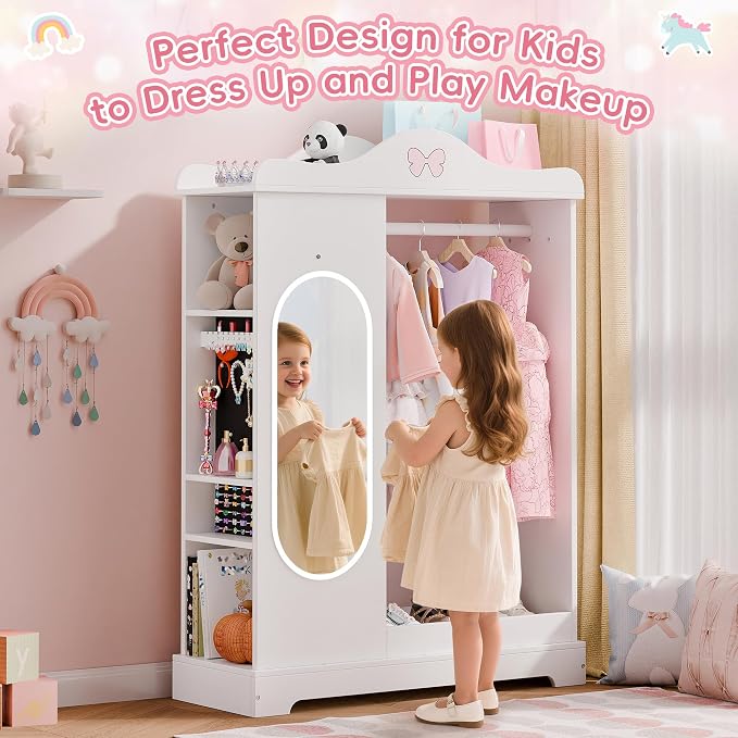 Xilingol Kids Armoire Dress Up Storage with Mirror, Kids Wardrobe Closet with Jewelry Cabinet and Storage Shelves, Open Hanging Armoire Costume Organizer for Bedroom (White)